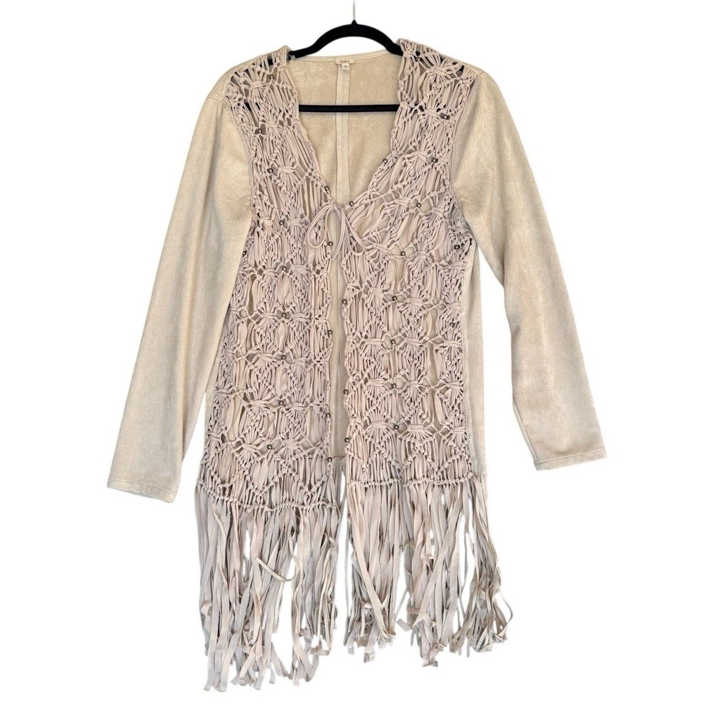 Reba Cardigan Womens Medium Beige Edgy Fringe Western‎ Coastal Cowgirl MSRP $138